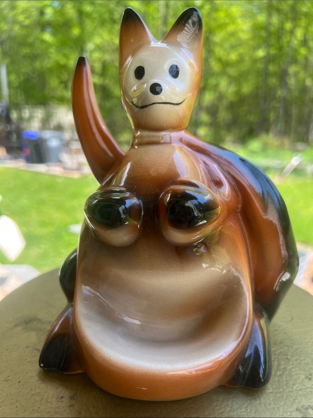 Vintage Boxing Ceramic Kangaroo Planter in Glossy Brown and Black